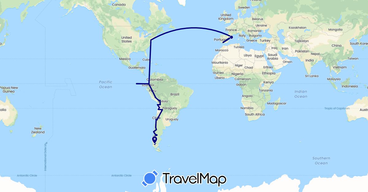 TravelMap itinerary: driving in Argentina, Bolivia, Chile, Ecuador, Spain, Peru, United States (Europe, North America, South America)
